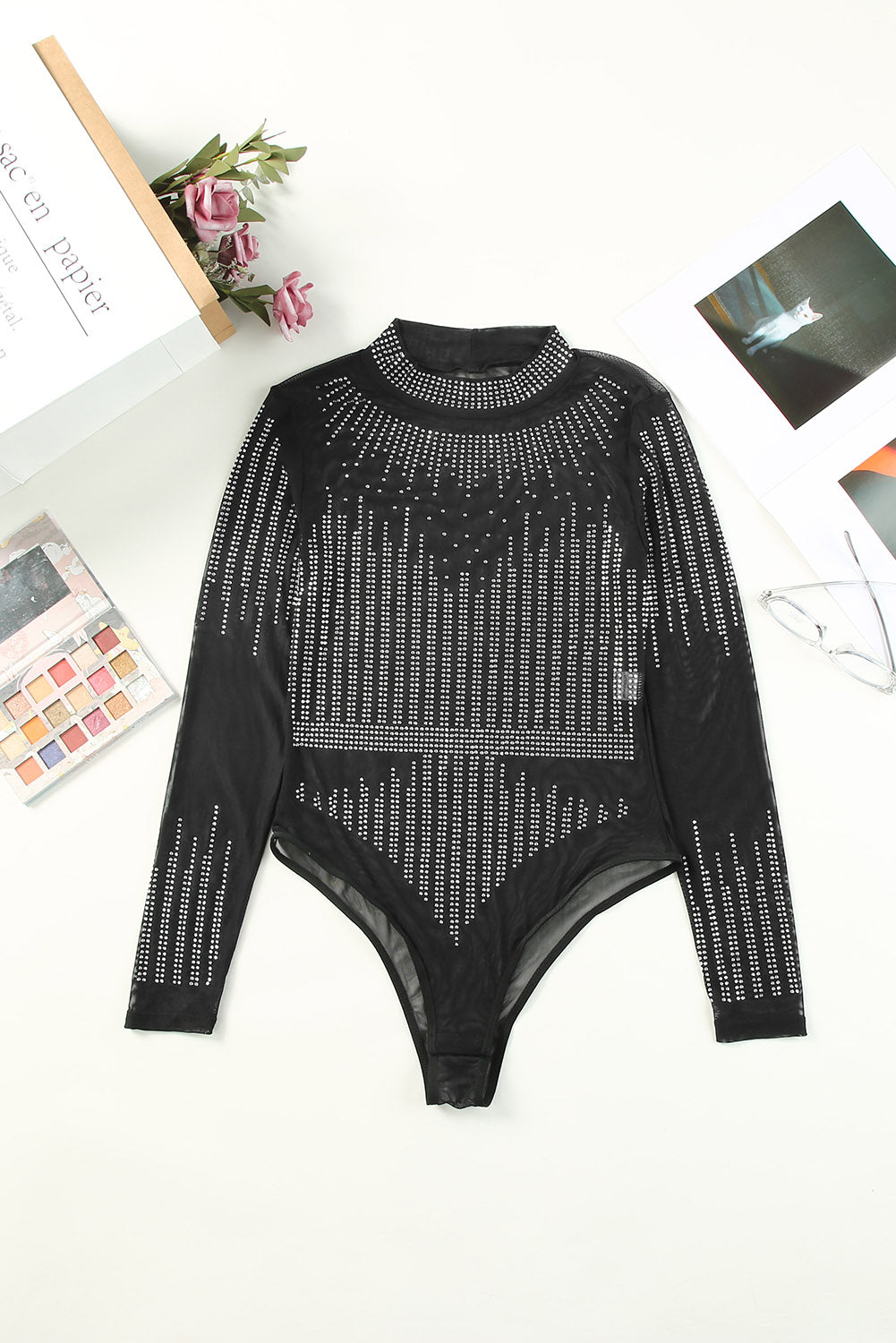 Rhinestone Sheer Mesh Long Sleeve Bodysuit