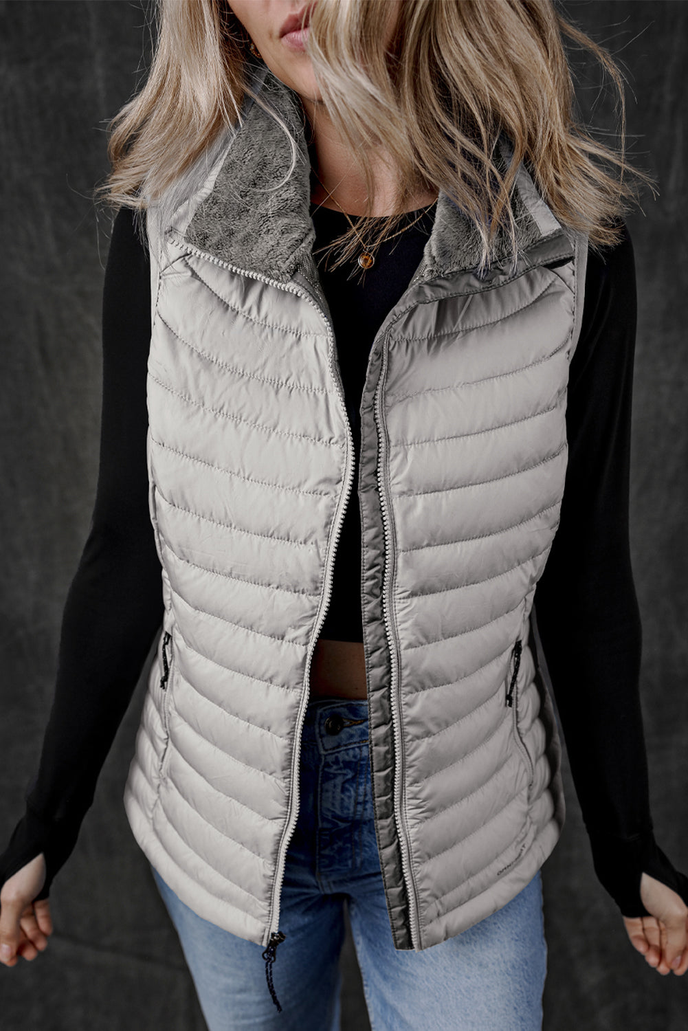 Plush Collared Quilted Zipped Puffer Vest