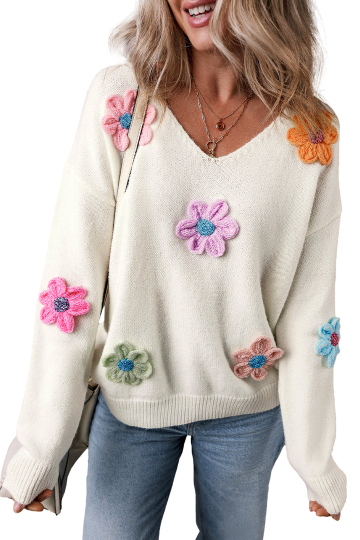 Crochet Flower V Neck Sweater