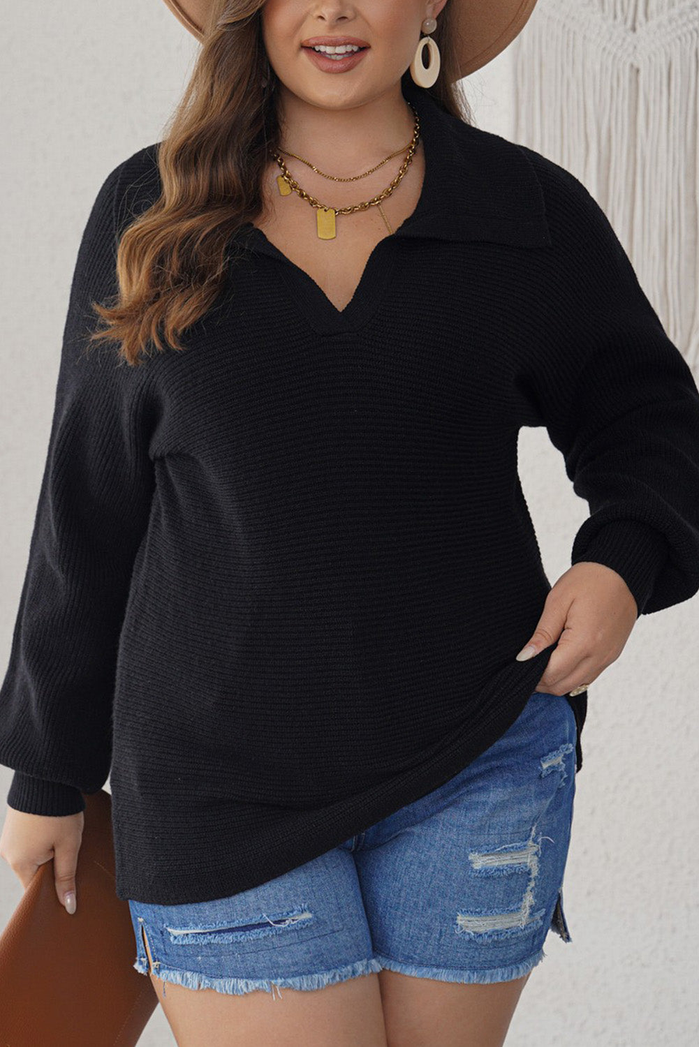 Ribbed Knit Lapel Neck Curvy Sweater