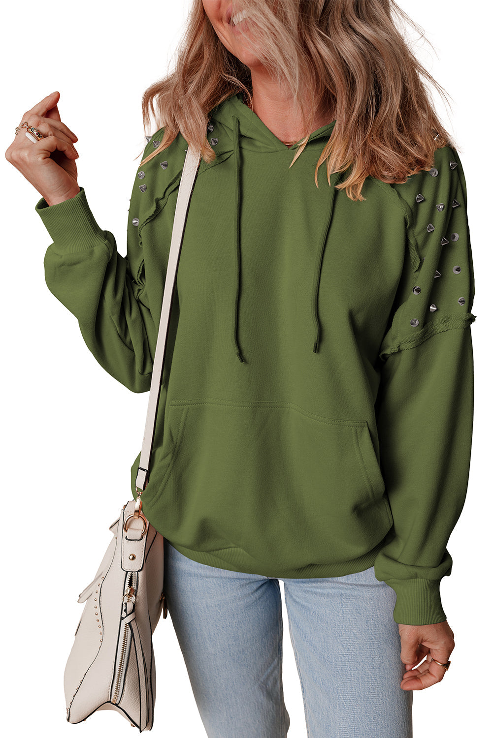 Solid Color Rivet Stud Raglan Sleeve Hoodie with Pocket