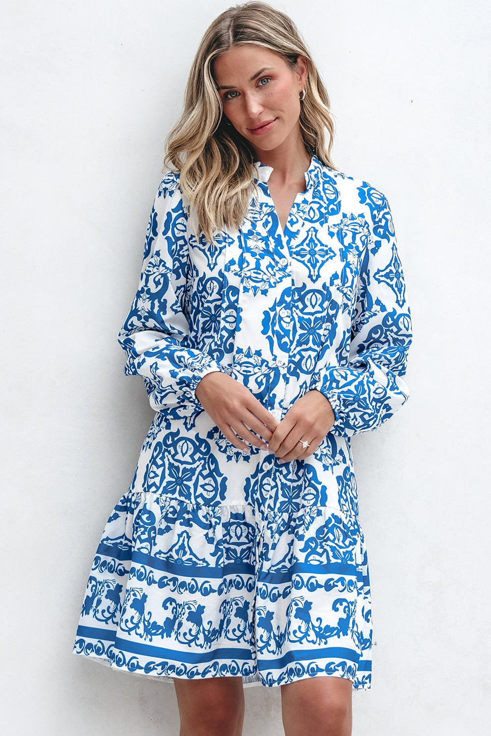 Tribal Print Button Up Notch Neck Loose Mini Dress