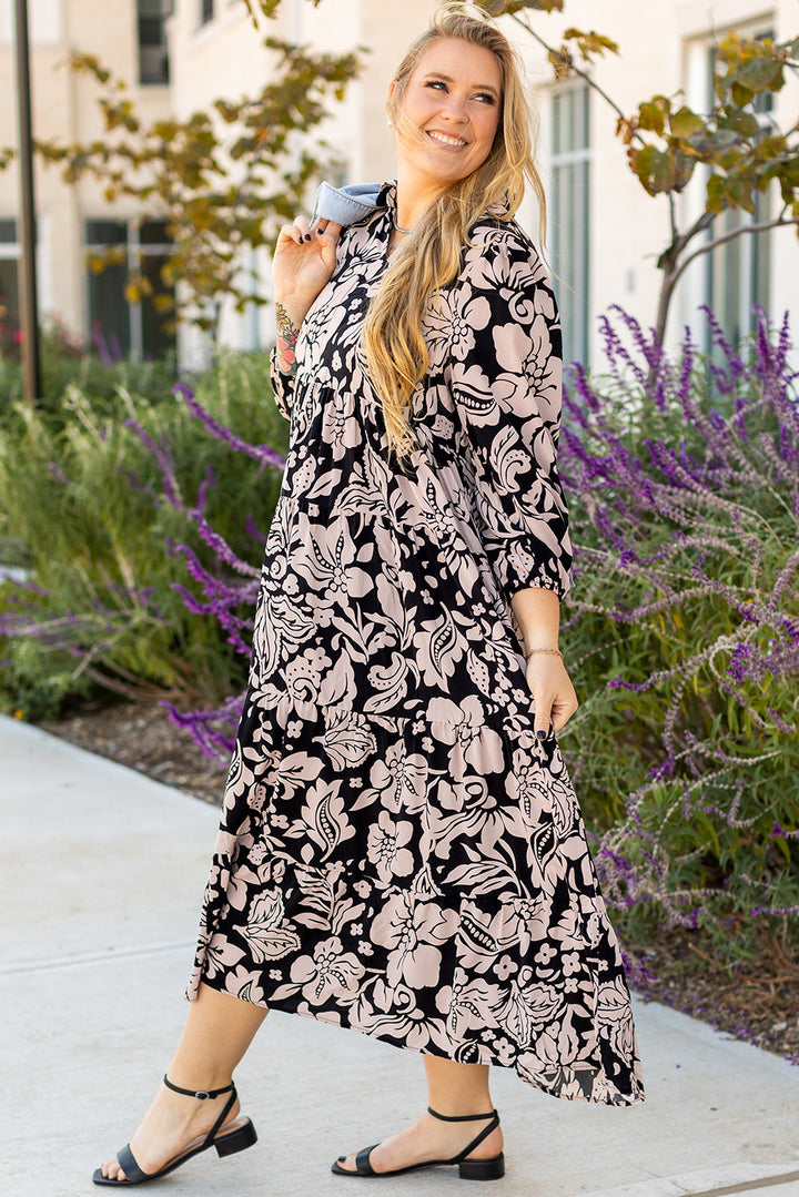 Plus Size Floral Printed Puff Sleeve Collared Maxi Dress