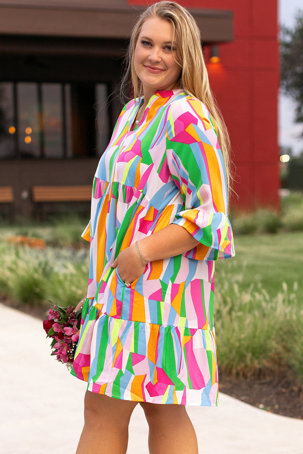 Plus Size Vibrant Abstract Print Tiered Ruffled Mini Dress