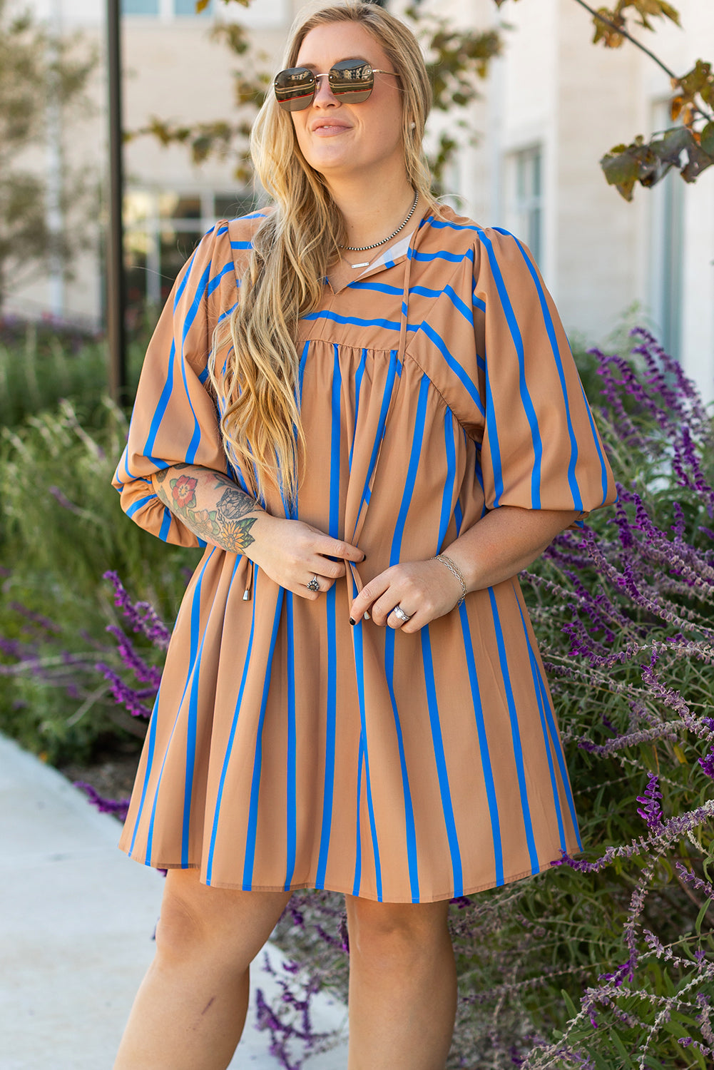 Contrast Striped Print 3/4 Sleeve Babydoll Plus Size Dress