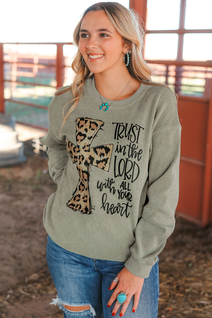 Leopard Jesus Cross Corded Oversized Sweatshirt