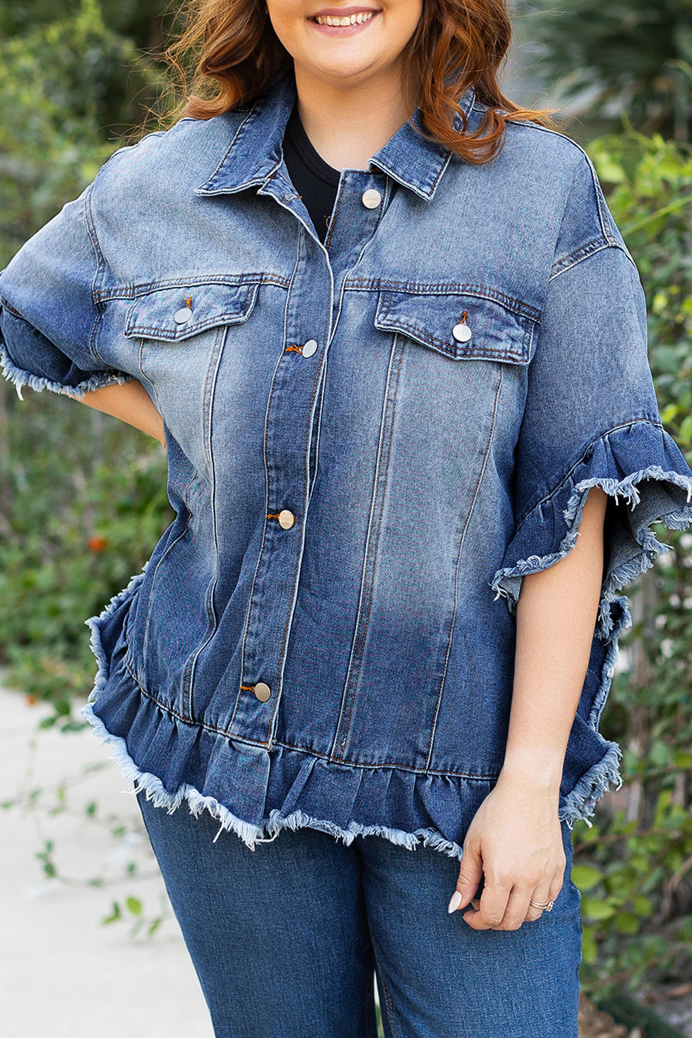 Ruffled Frayed Short Sleeve Plus Size Denim Jacket