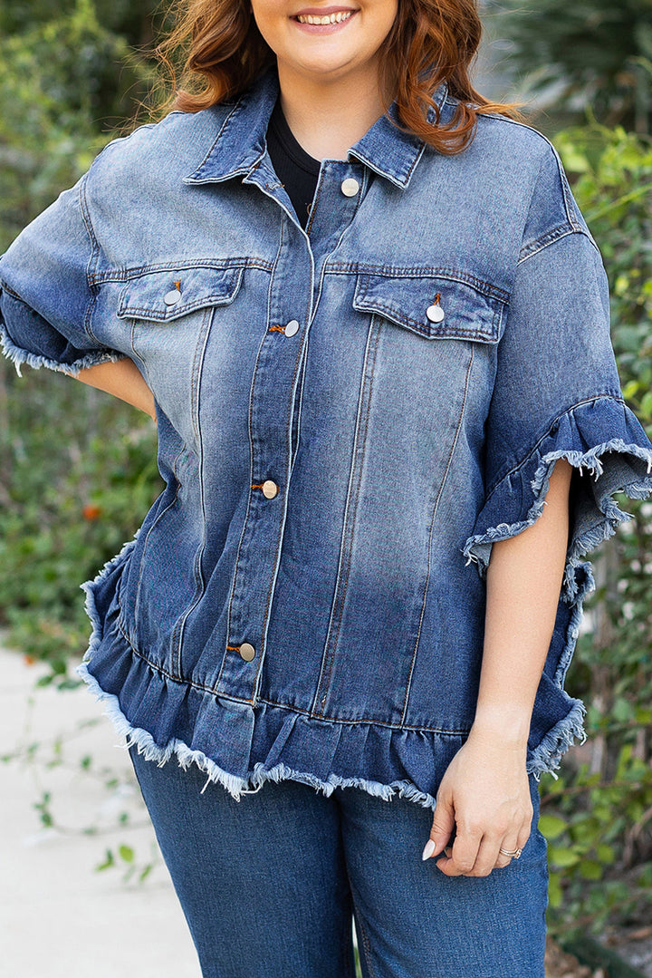 Ruffled Frayed Short Sleeve Plus Size Denim Jacket