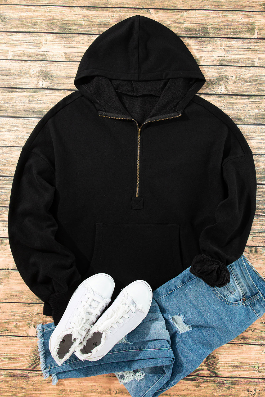 Fleece Lined Half Zipper Kangaroo Pockets Loose Hoodie