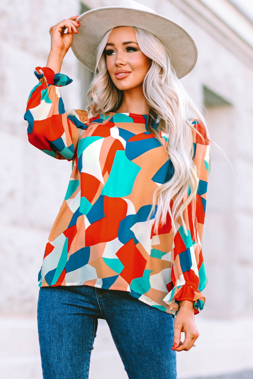 Abstract Pattern Crewneck Ruffled Puff Sleeve Blouse