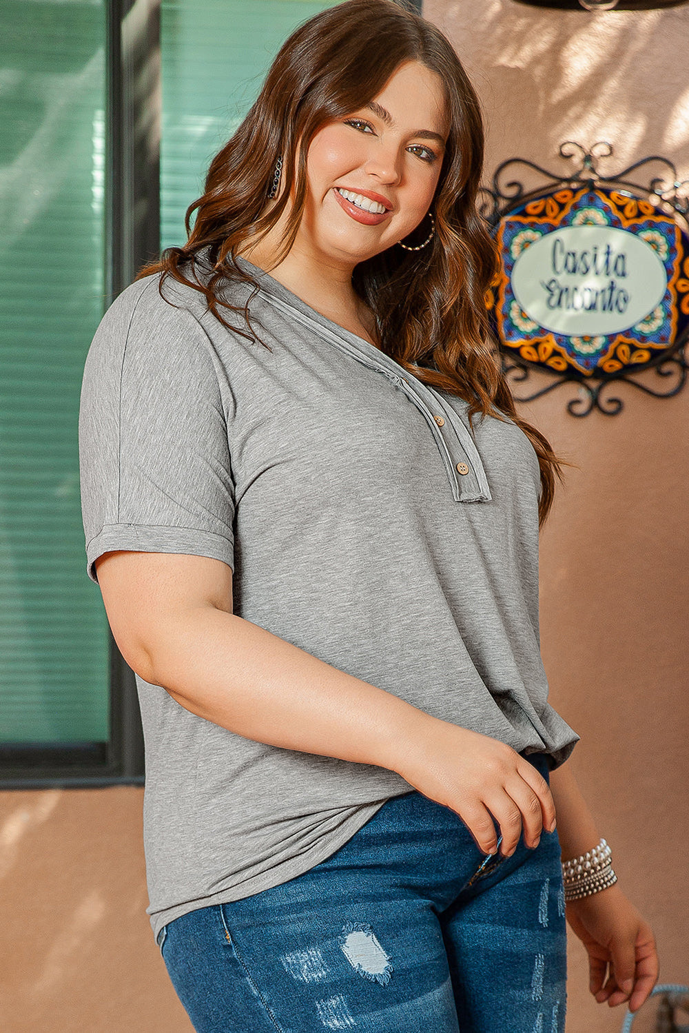 Plus Size Buttoned V Neck Batwing Sleeve Top