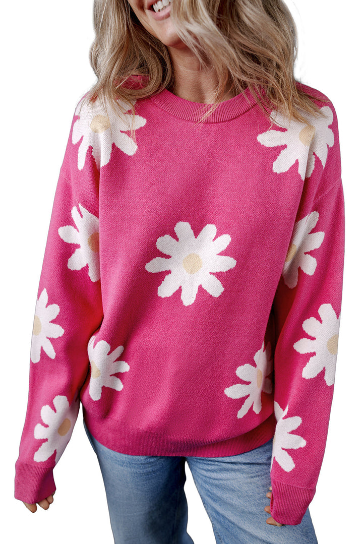 Daisy Flower Crew Neck Long Sleeve Sweater