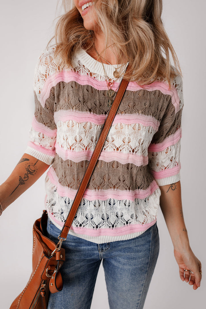 Color Block Hollow Out Crochet Half Sleeve Sweater