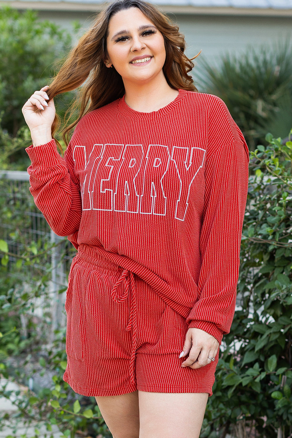 MERRY Ribbed Knit Long Sleeve Lace-up Waist Plus Size Set