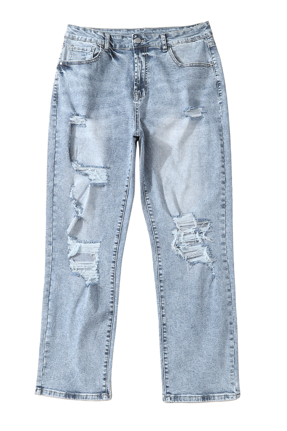 Sky Blue Light Wash Frayed Slim Fit High Waist Jeans