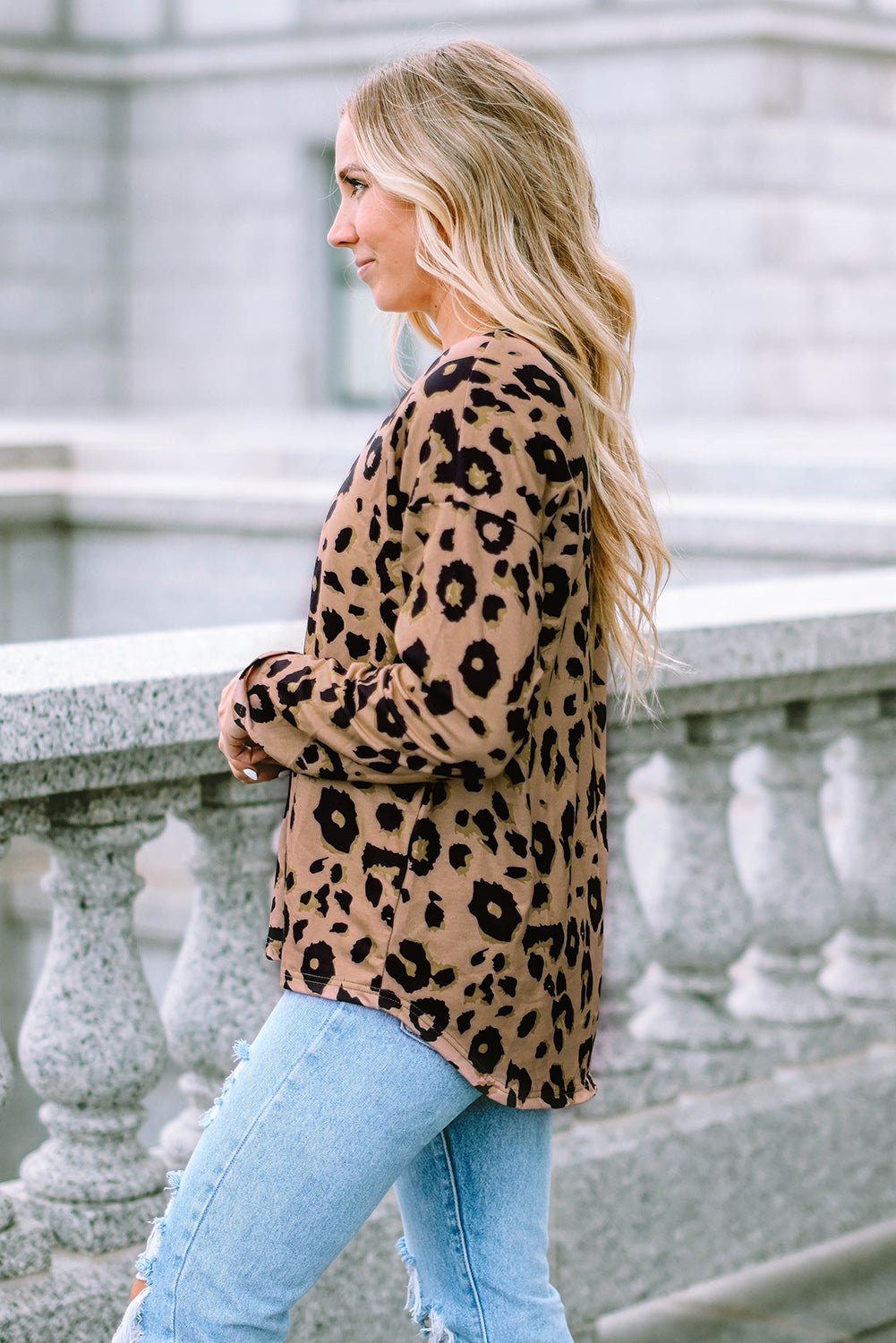 Leopard Split Joint V Neck Long Sleeve Tops