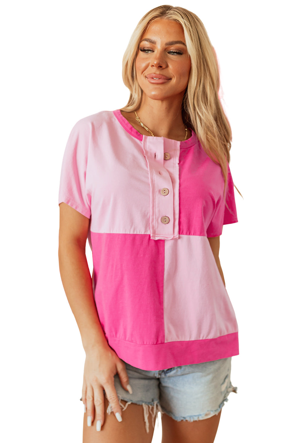 Two Tone Half Buttons Collared T Shirt