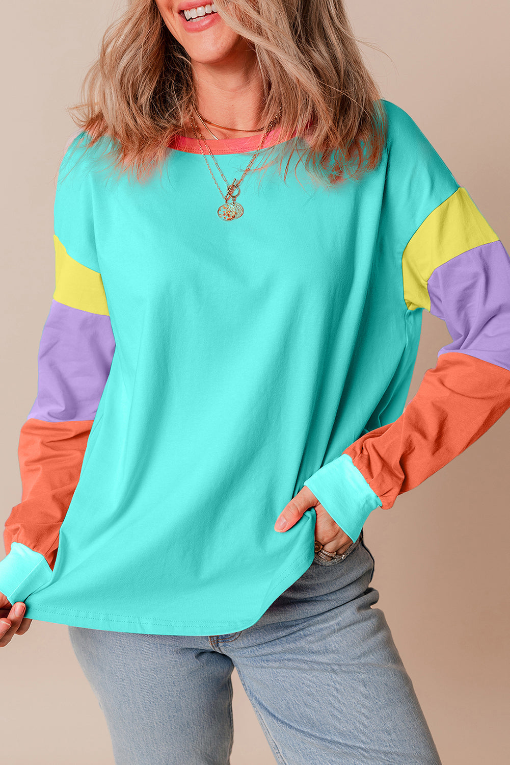 Colorblock Patchwork Long Sleeve Loose Top