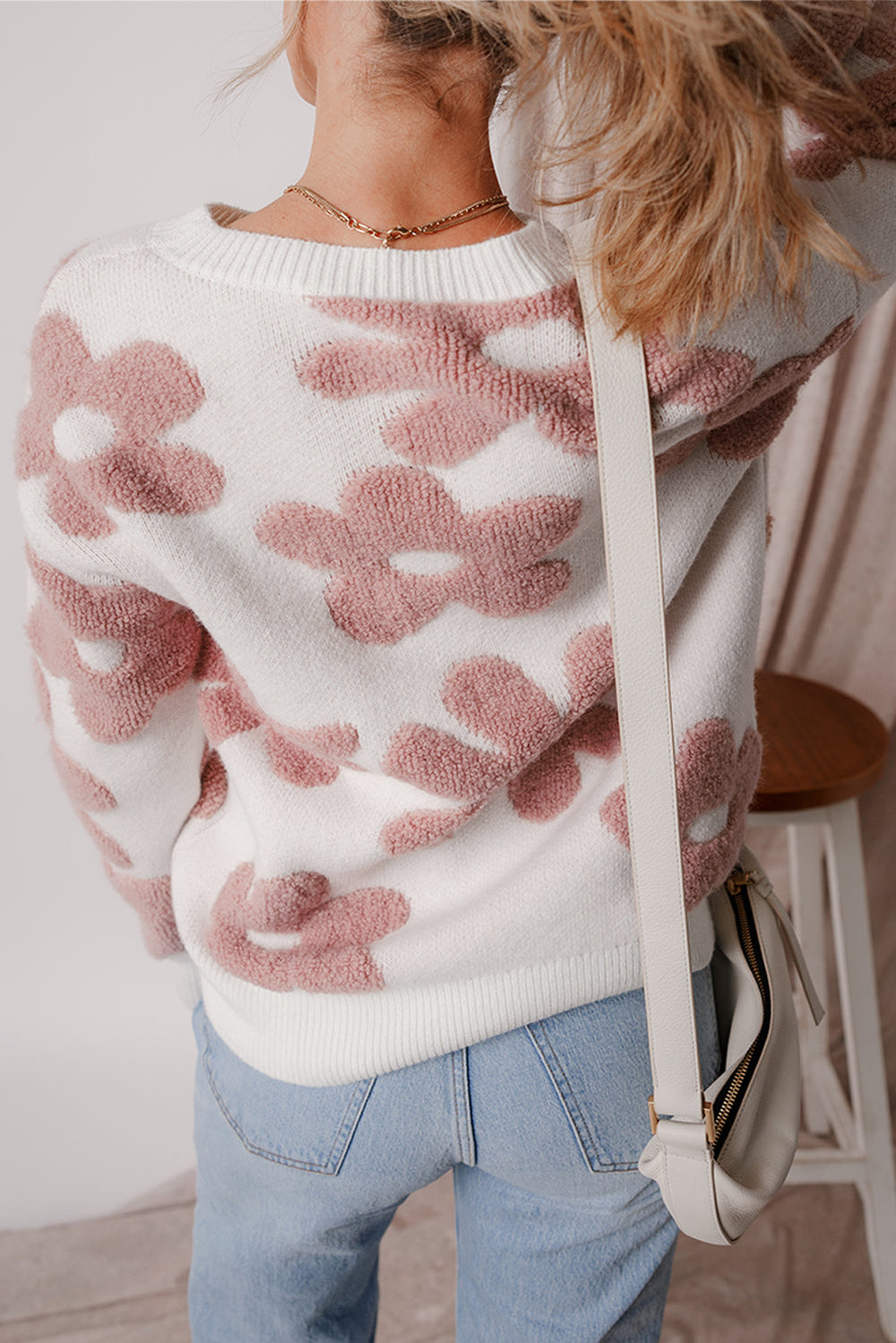 Textured Flower Drop Shoulder Loose Sweater