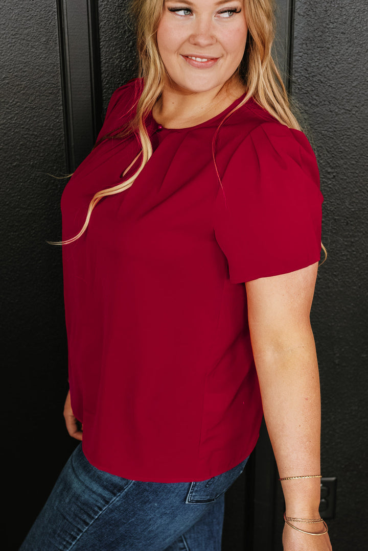 Keyhole Pleated Crew Neck Plus Size T Shirt