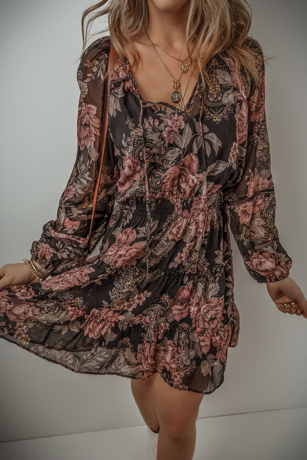 Vintage Floral Puff Sleeve V Neck Smock Waist Dress