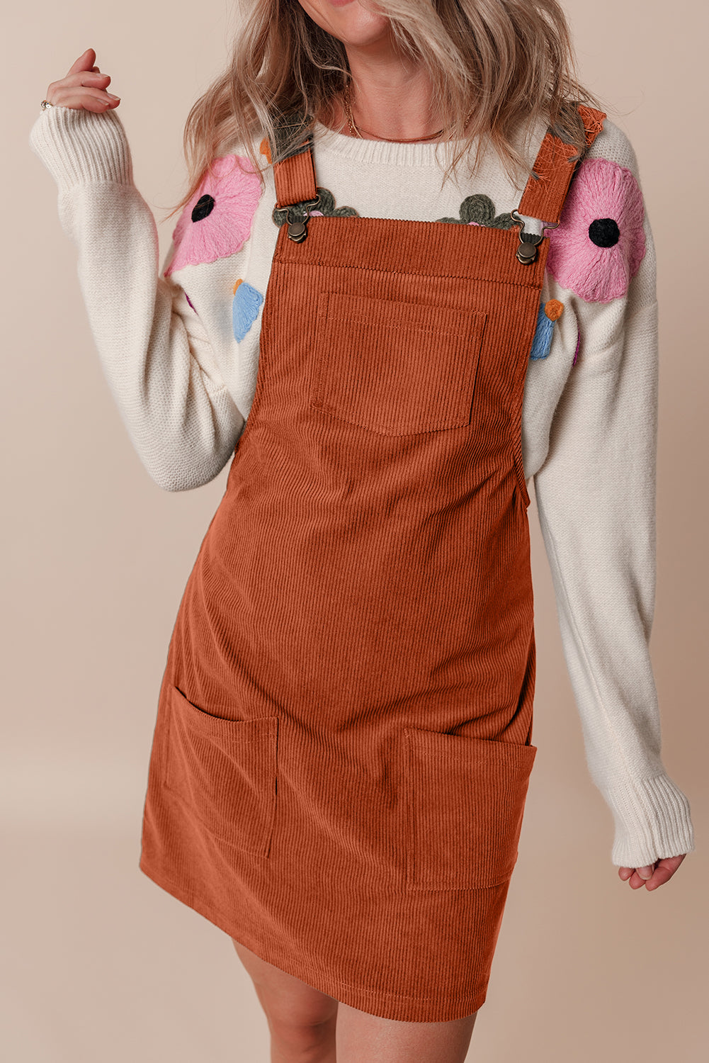 Solid Front Pockets Sleeveless Corduroy Overall Dress