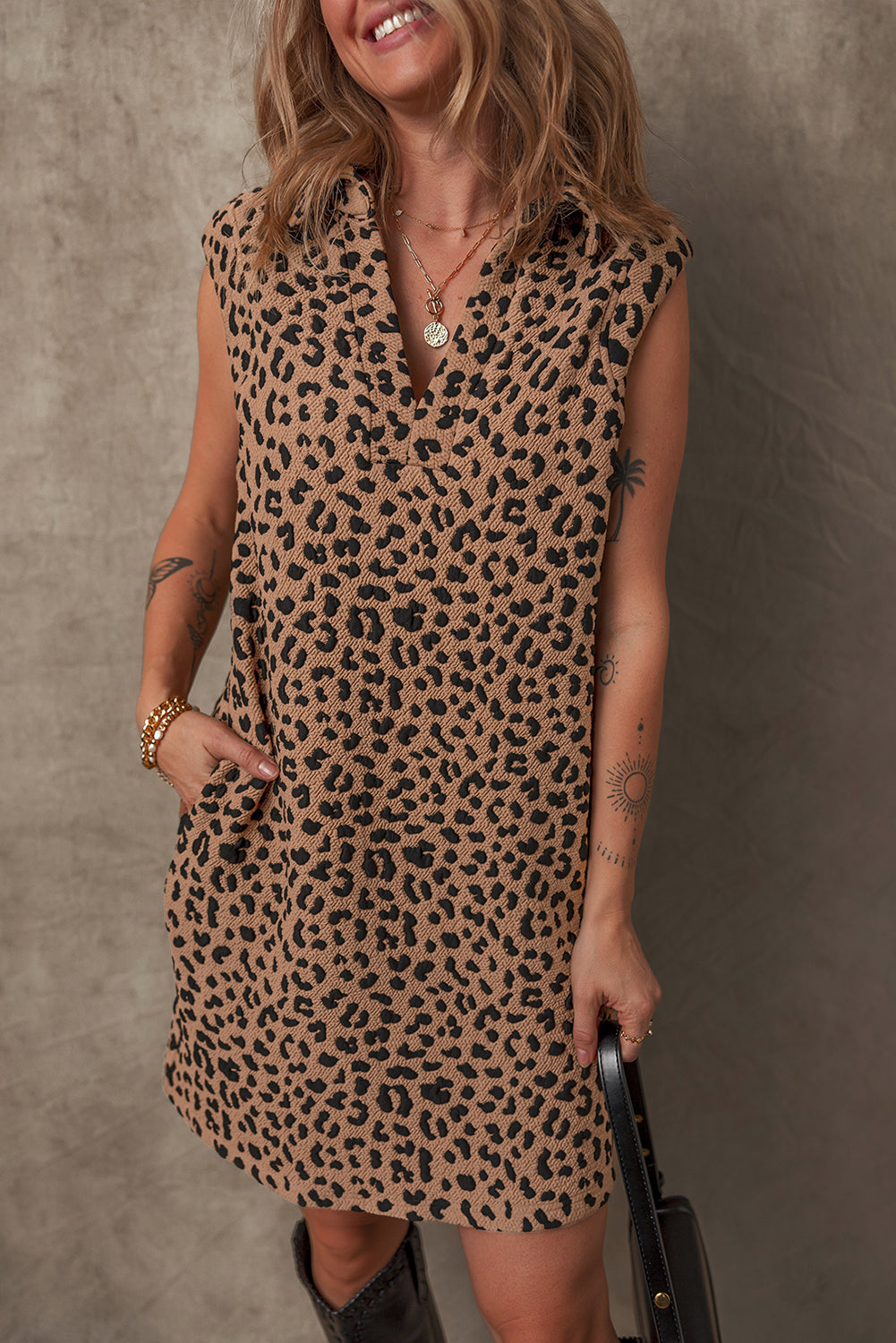 Leopard Print V Neck Sleeveless Collared Mini Dress