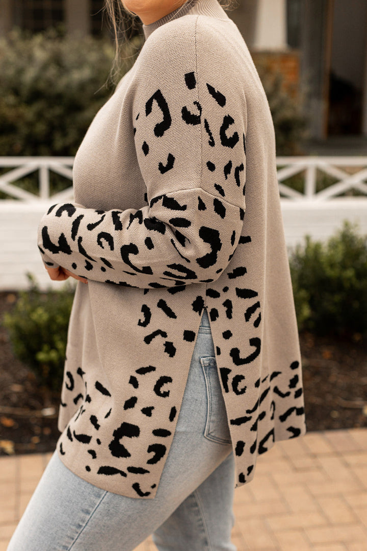 Plus Size Leopard Patchwork High Neck Sweater