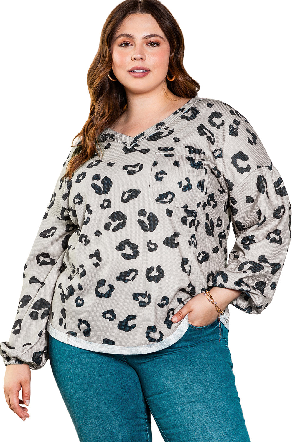 Leopard Balloon Sleeve Thermal Knit Plus Size Top