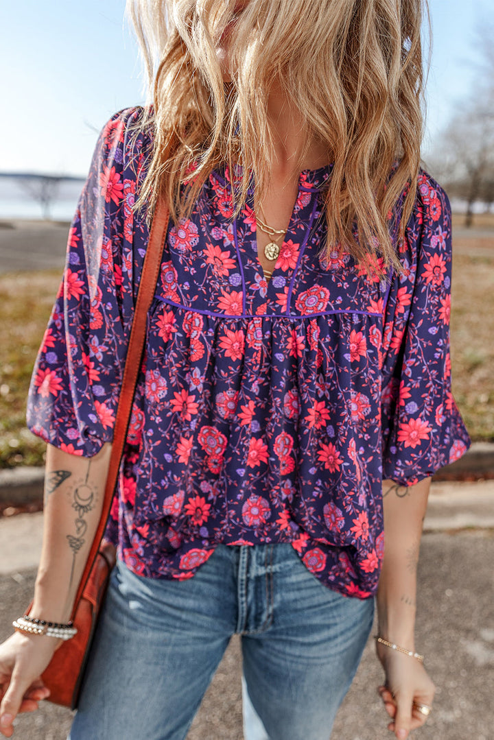 Floral Half Sleeve Split Neck Blouse Top