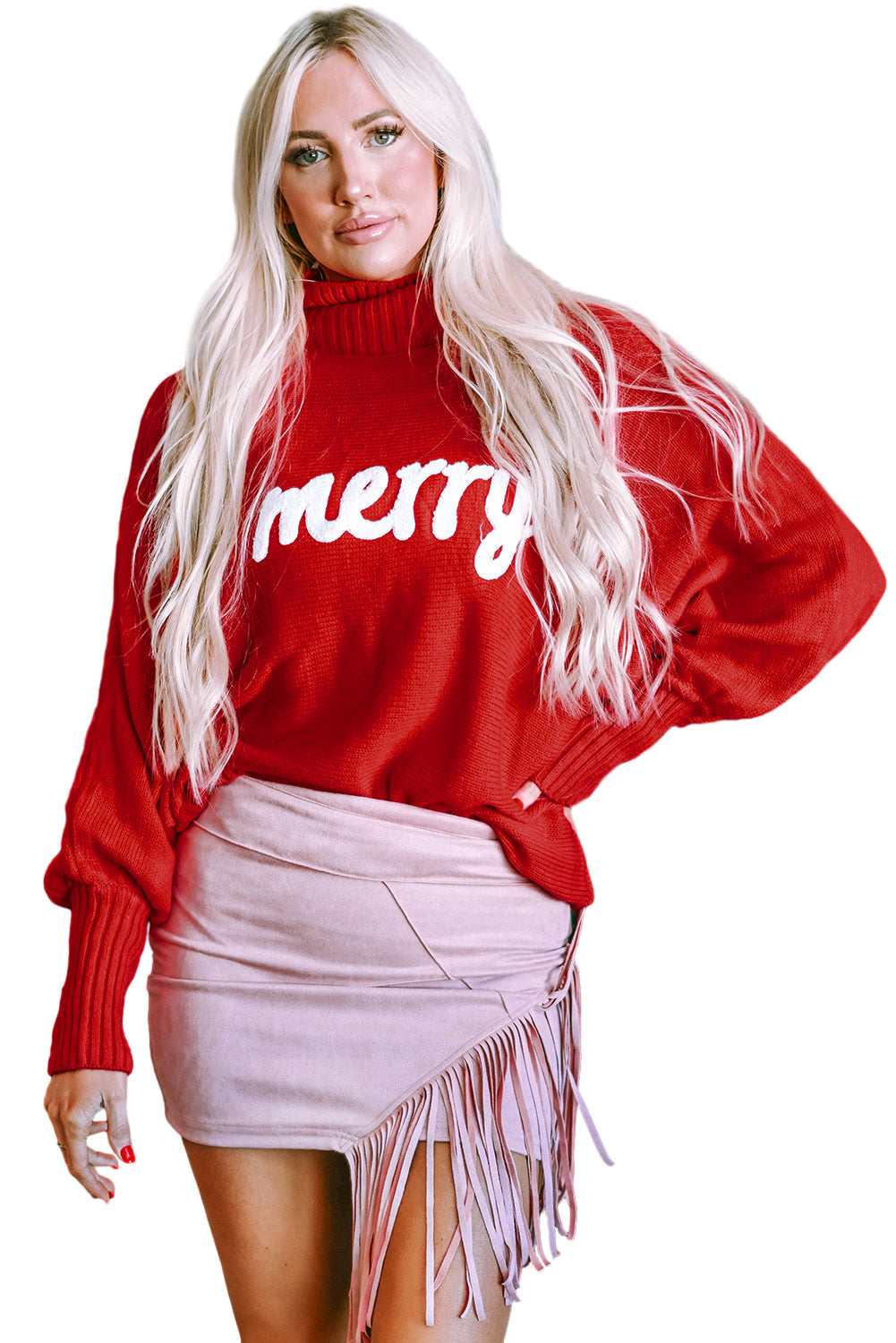 Merry Letter Embroidered High Neck Sweater