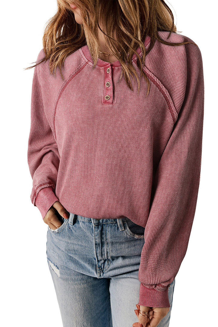 Waffle Knit Raglan Sleeve Henley Sweatshirt