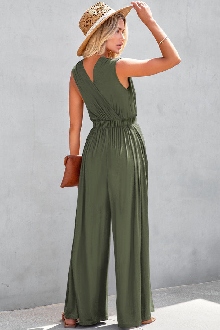 Deep V Pleated Crisscross Wide Leg Backless Jumpsuit