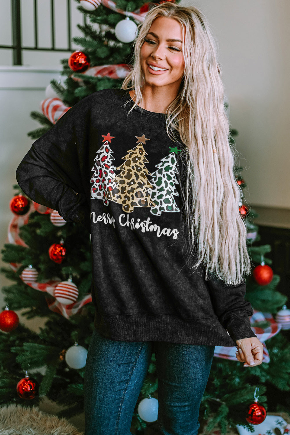 Merry Christmas Leopard Trees Graphic Sweatshirt