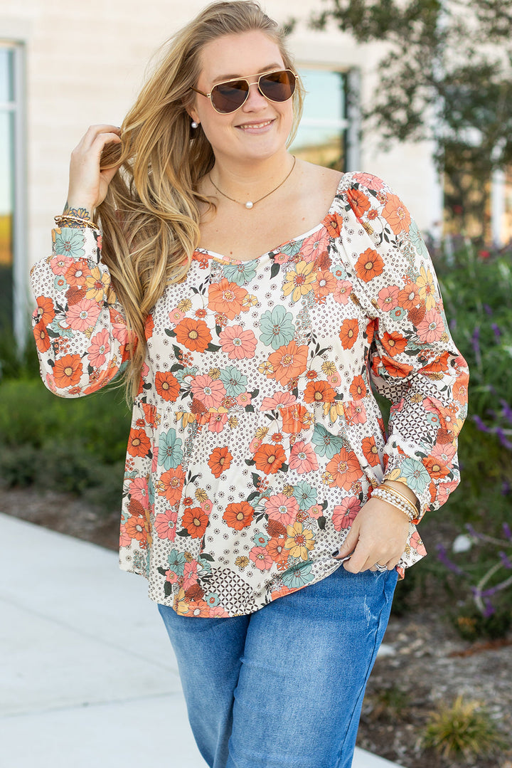 Plus Size Flower Print Square Neck Peplum Blouse