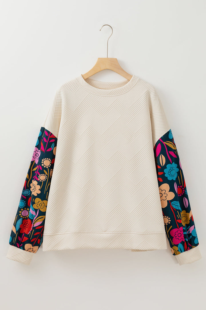 Floral Patchwork Sleeve Textured Plus Size Pullover Top