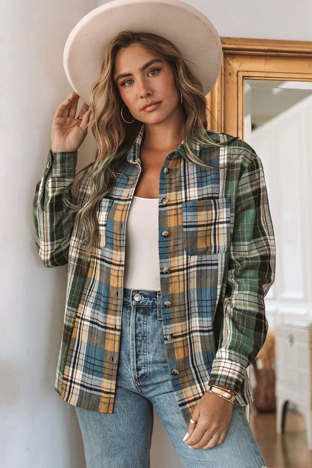 Chest Pockets Button Up Plaid Shacket