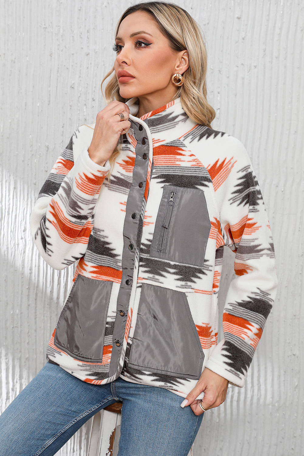 Aztec Fleece Patchwork Snap Button Jacket