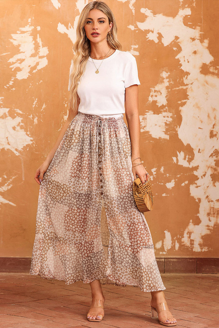 Boho Flower Print Smocked Waist Button Slit Maxi Skirt