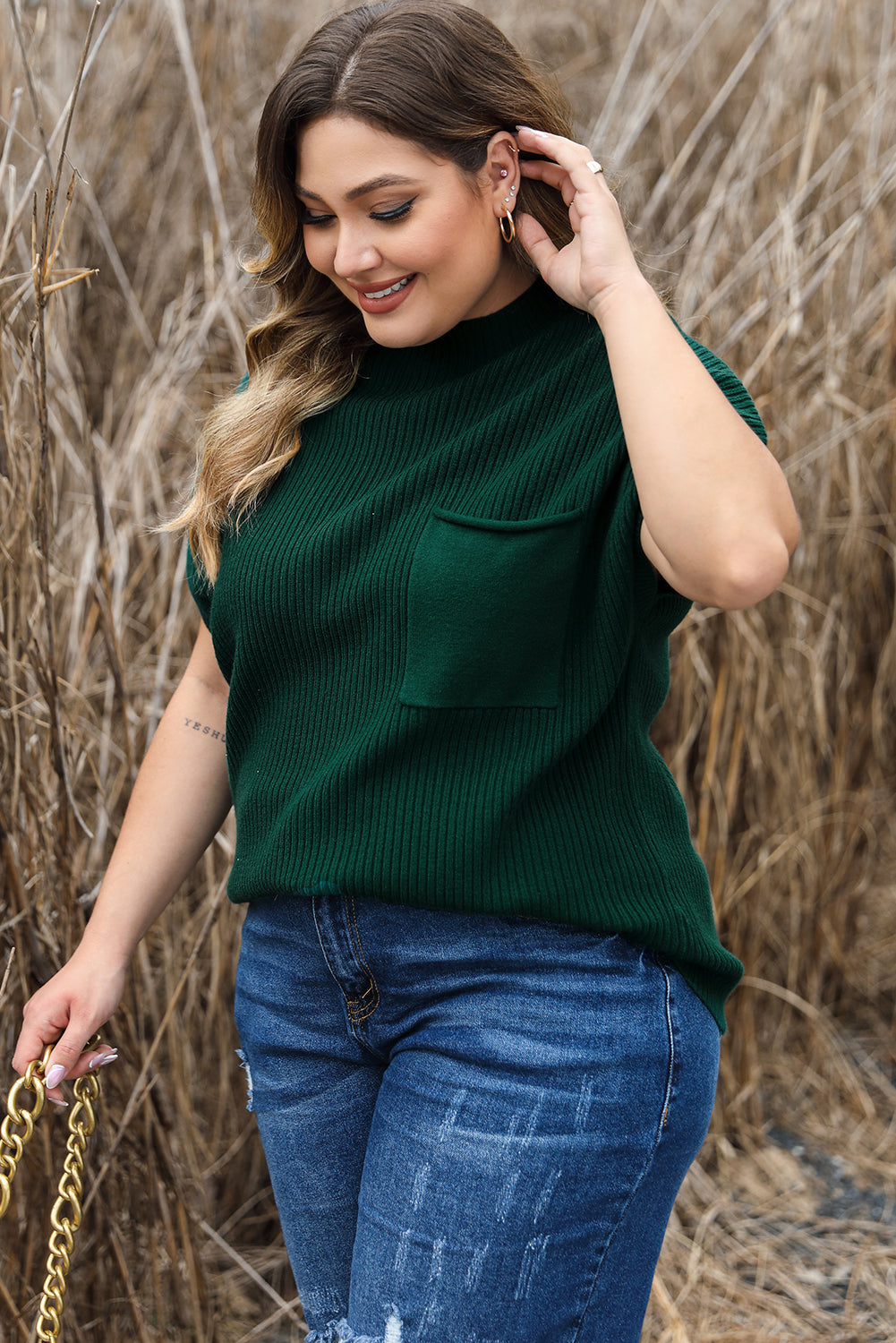 Plus Size Mock Neck Chest Pocket Short Sleeve Sweater