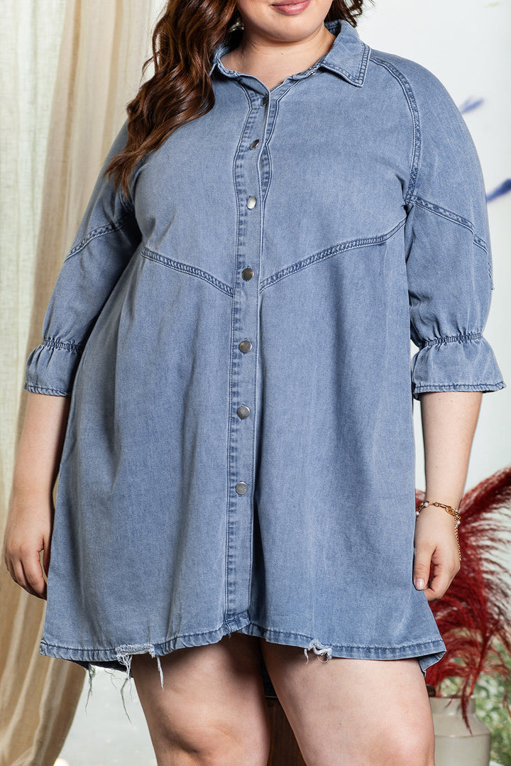 Ruffled 3/4 Sleeve Buttoned Front Plus Size Denim Dress