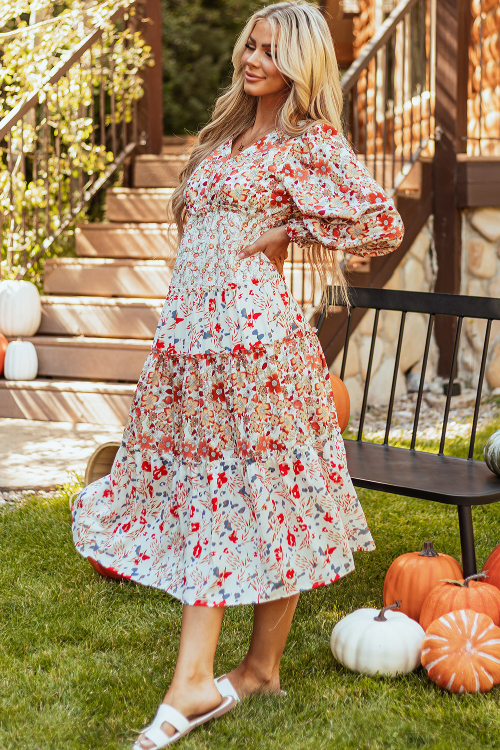 Floral Print Ruffled Tiered Long Sleeve V Neck Midi Dress