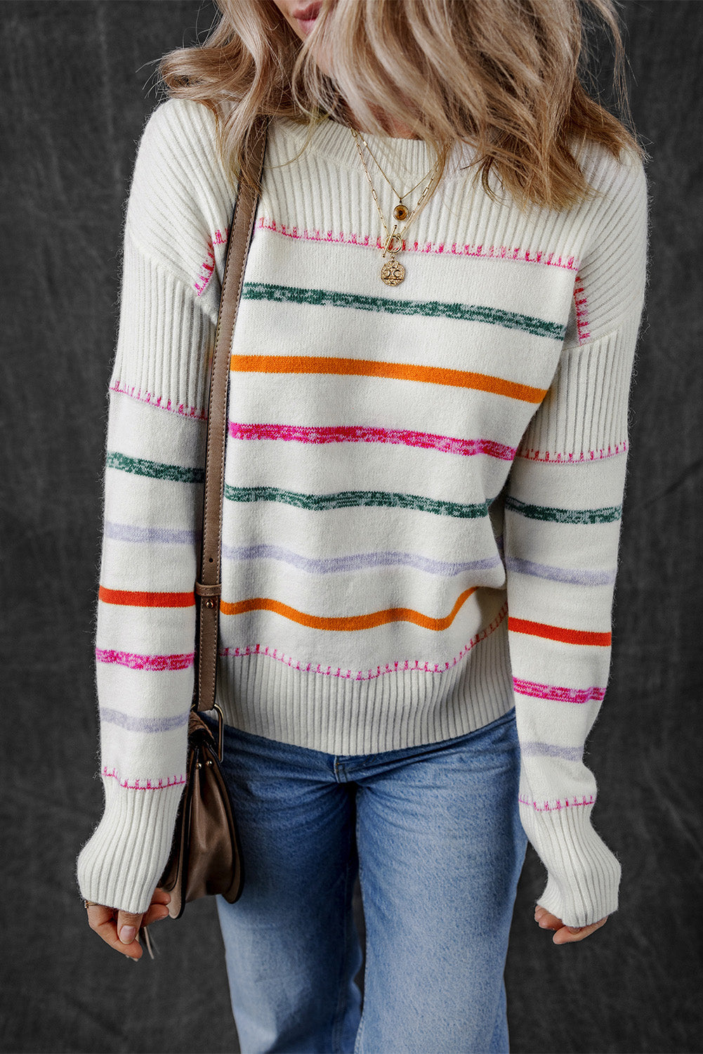 Colorful Striped Ribbed Trim Sweater