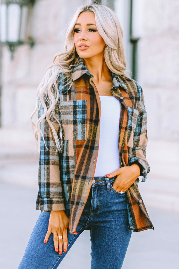 Plaid Color Block Buttoned Shirt with Pockets