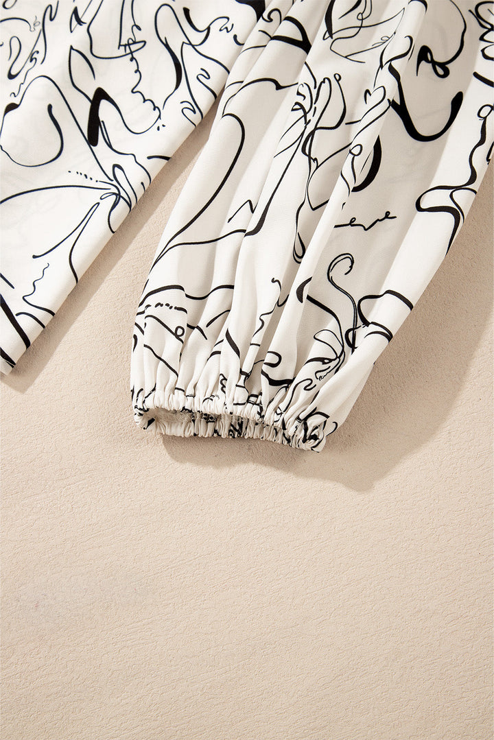 Abstract Print Balloon Sleeve Crew Neck Blouse