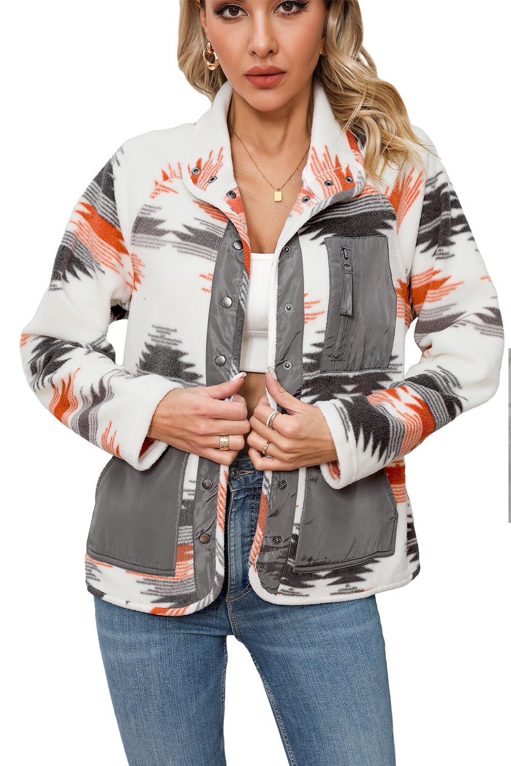 Aztec Fleece Patchwork Snap Button Jacket