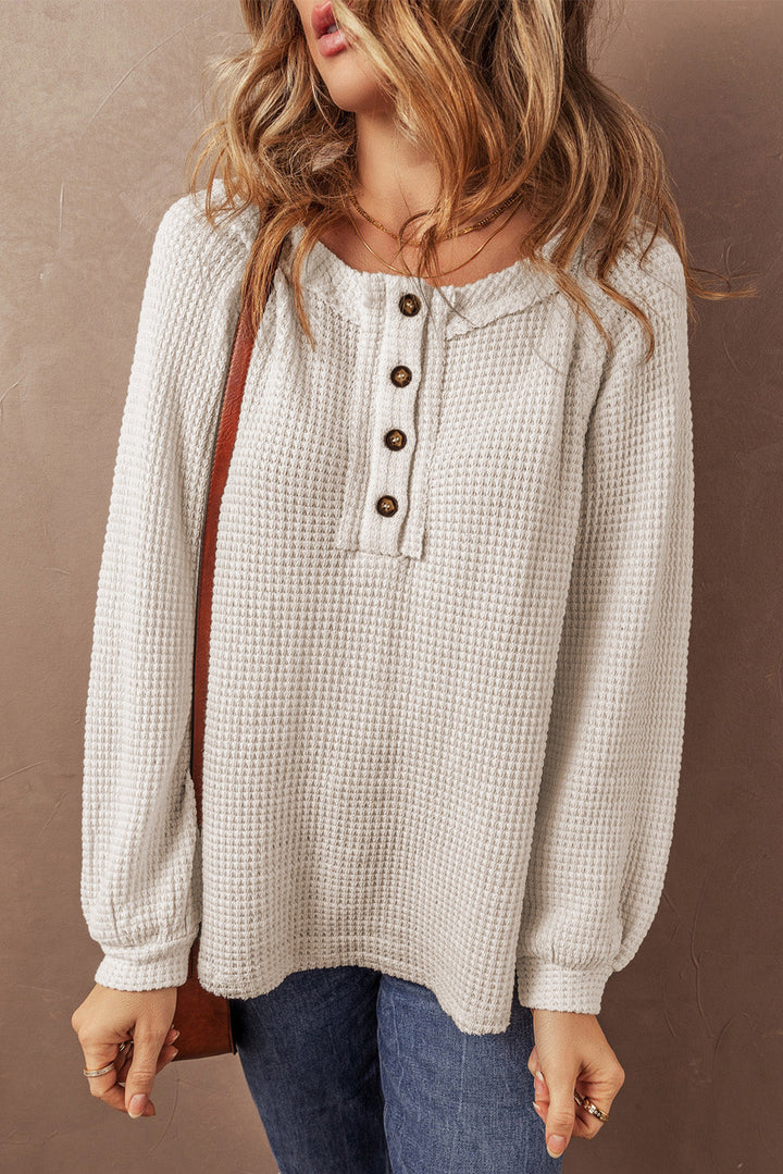 Waffle Knit Buttoned Front Raglan Sleeve Loose Blouse