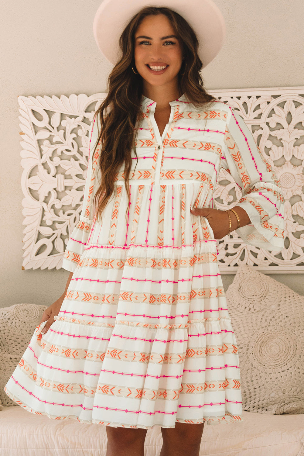 Bohemian Printed Bracelet Sleeve Slit Neck Ruffled Loose Dress