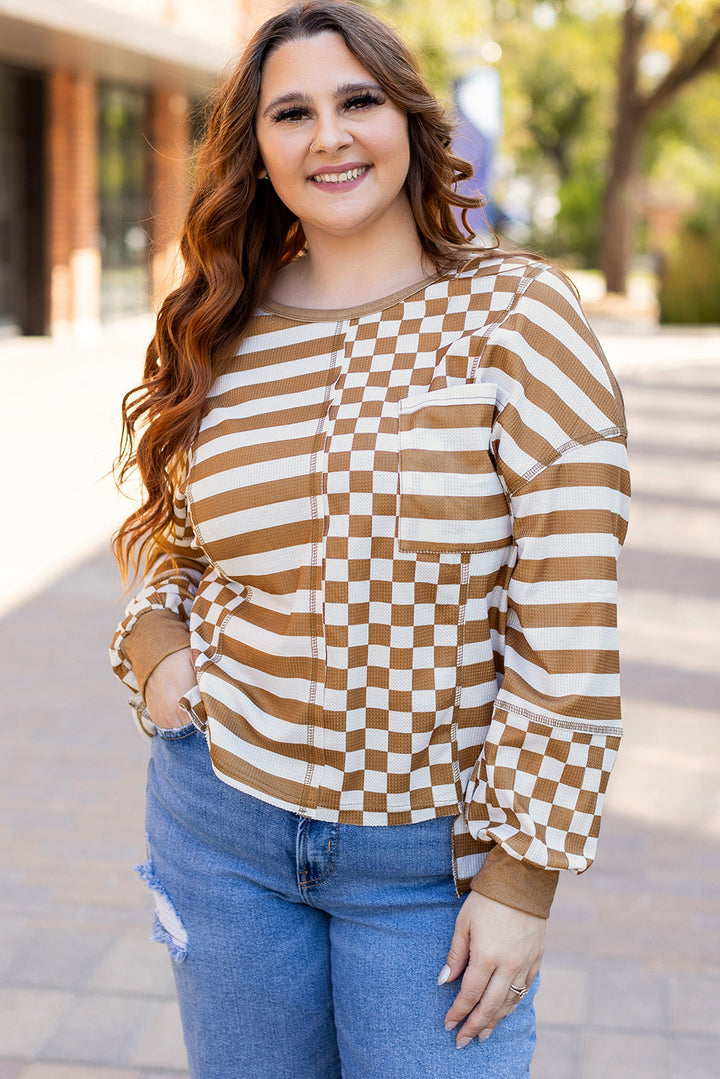 Striped Checkered Mixed Print Chest Pocket Casual Plus Size Top