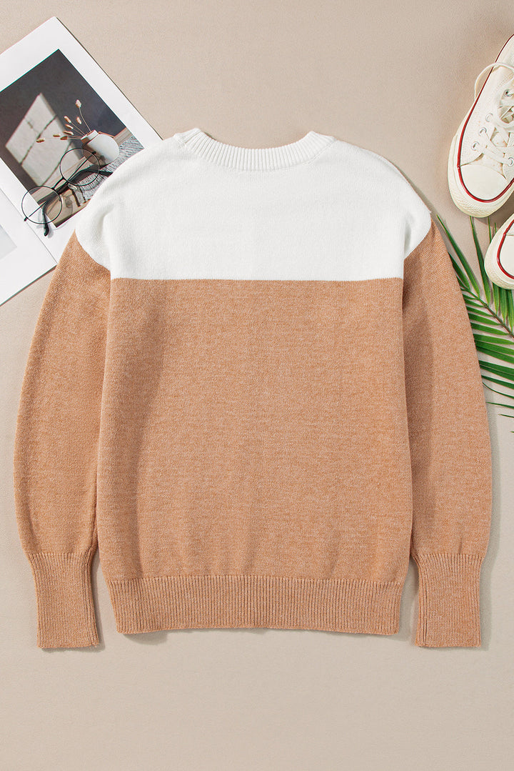 Colorblock Ribbed Trim Round Neck Sweater